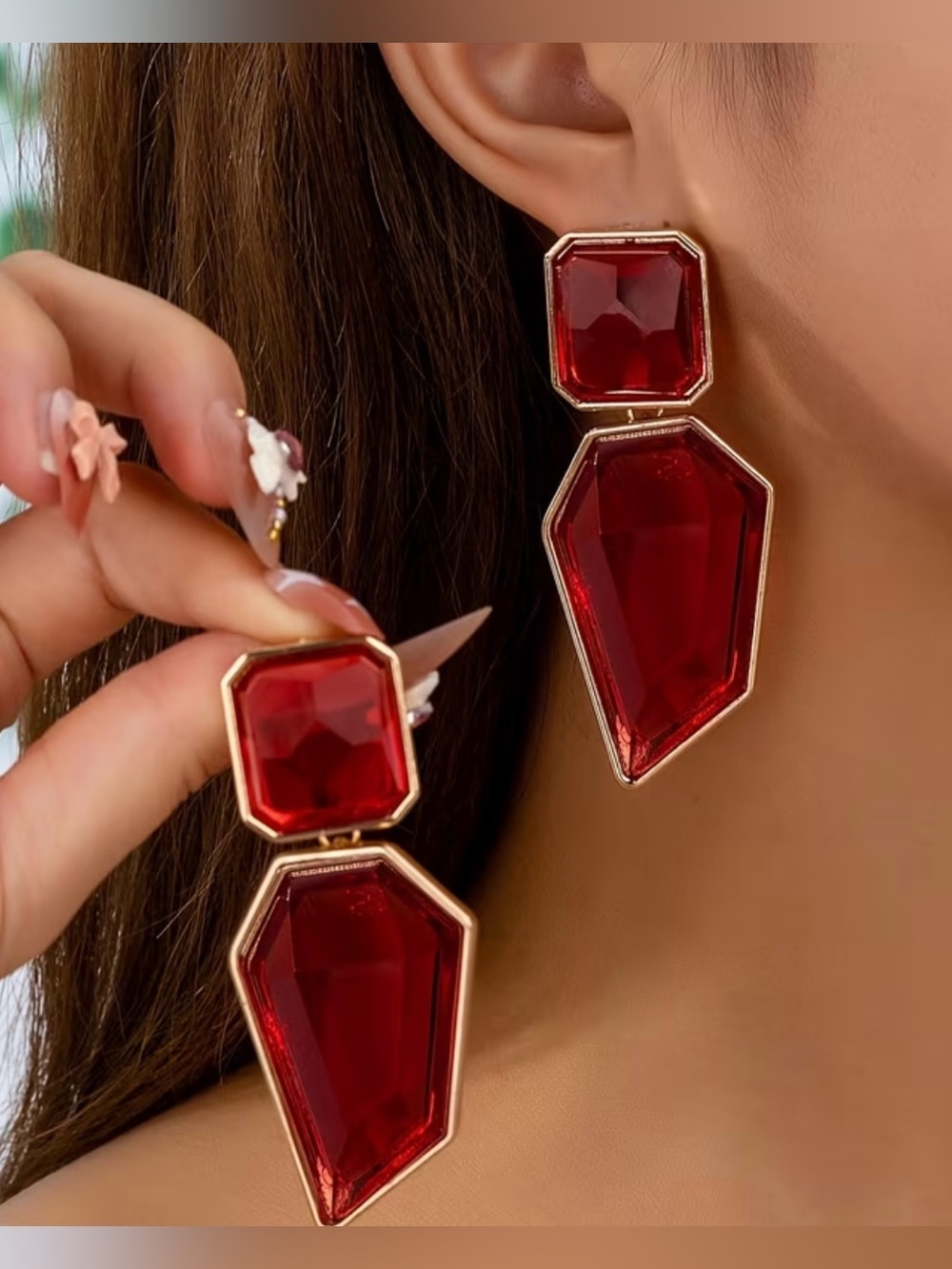 NEW! Unique Red Geometric Drop Earrings. 🍷 Statement Earrings A3-133